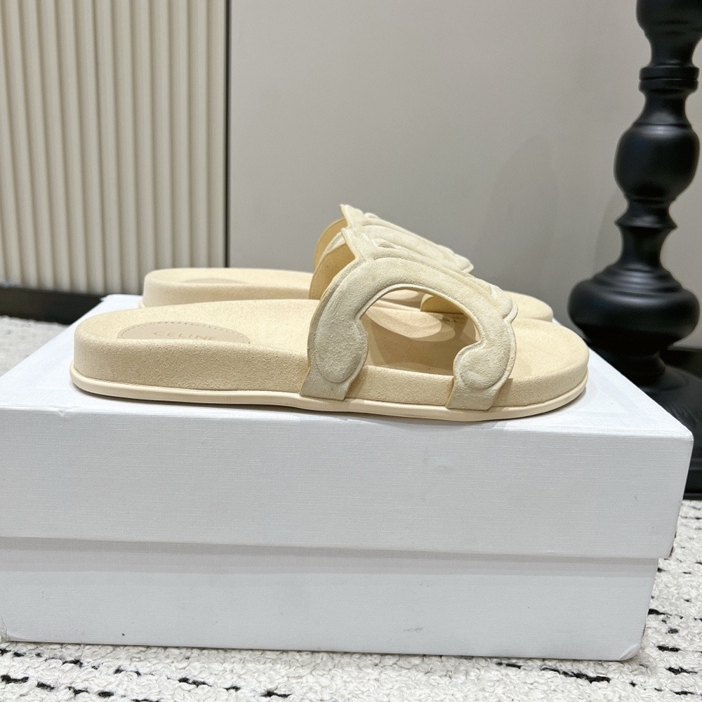 Celine Cream Suede Slide Sandals with Signature Cutout - Picture 5 of 9